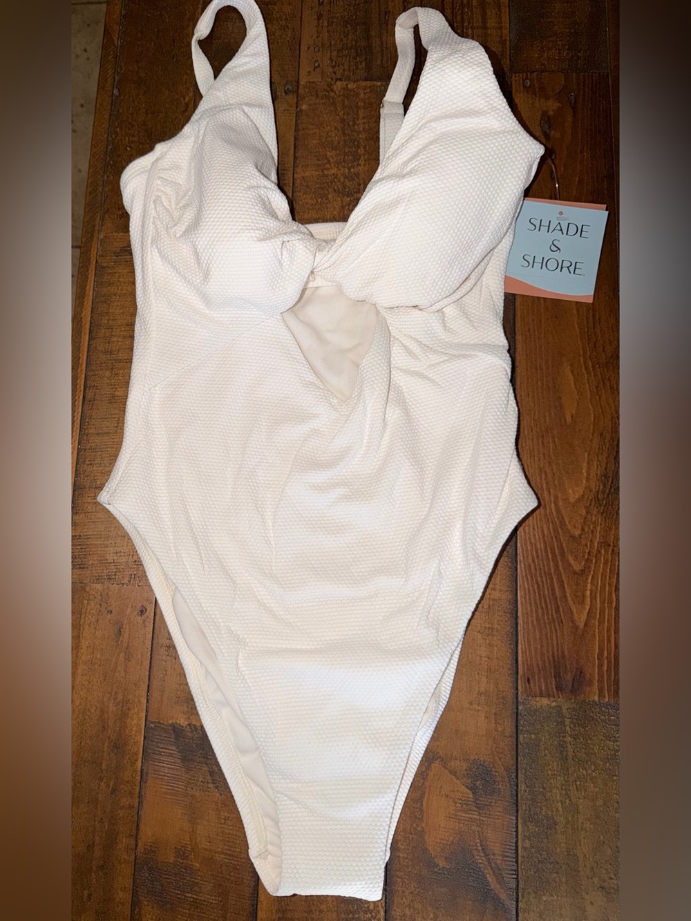 Shade & Shore Cream Textured Twist-Front One-Piece Swimsuit